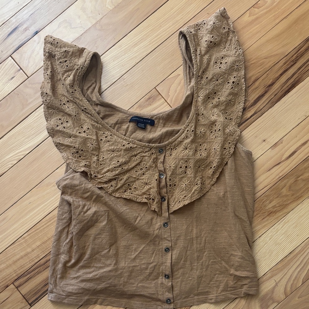 American Eagle Outfitters Tan Eyelet Blouse